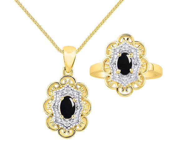 Rylos Matching Set 14K Yellow Gold Floral Pattern Halo Pendant Necklace & Ring. Gemstone & Diamonds, 18" Chain. 6X4MM Birthstone; Sizes 5-10