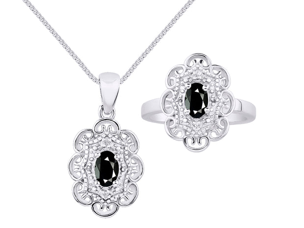 Rylos Matching Set 14K White Gold Floral Pattern Halo Pendant Necklace & Ring. Gemstone & Diamonds, 18" Chain. 6X4MM Birthstone; Sizes 5-10.