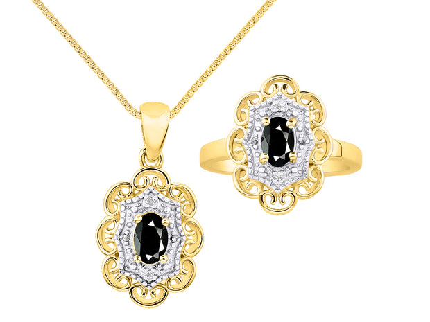 Rylos Matching Set 14K Yellow Gold Floral Pattern Halo Pendant Necklace & Ring. Gemstone & Diamonds, 18" Chain. 6X4MM Birthstone; Sizes 5-10