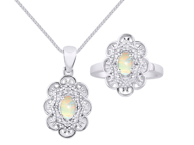 Rylos Matching Set 14K White Gold Floral Pattern Halo Pendant Necklace & Ring. Gemstone & Diamonds, 18" Chain. 6X4MM Birthstone; Sizes 5-10.