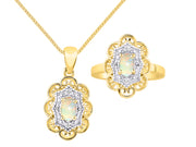 Rylos Matching Set 14K Yellow Gold Floral Pattern Halo Pendant Necklace & Ring. Gemstone & Diamonds, 18" Chain. 6X4MM Birthstone; Sizes 5-10