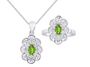 Rylos Matching Set 14K White Gold Floral Pattern Halo Pendant Necklace & Ring. Gemstone & Diamonds, 18" Chain. 6X4MM Birthstone; Sizes 5-10.