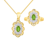 Rylos Matching Set 14K Yellow Gold Floral Pattern Halo Pendant Necklace & Ring. Gemstone & Diamonds, 18" Chain. 6X4MM Birthstone; Sizes 5-10