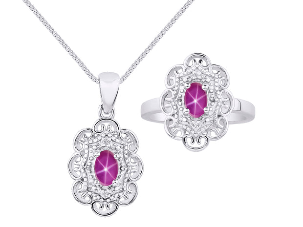 Rylos Matching Set 14K White Gold Floral Pattern Halo Pendant Necklace & Ring. Gemstone & Diamonds, 18" Chain. 6X4MM Birthstone; Sizes 5-10.