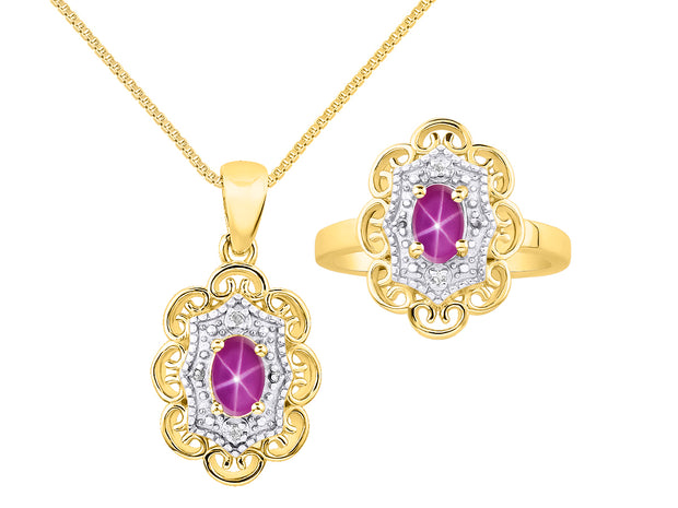 Rylos Matching Set 14K Yellow Gold Floral Pattern Halo Pendant Necklace & Ring. Gemstone & Diamonds, 18" Chain. 6X4MM Birthstone; Sizes 5-10