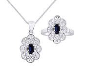 Rylos Matching Set 14K White Gold Floral Pattern Halo Pendant Necklace & Ring. Gemstone & Diamonds, 18" Chain. 6X4MM Birthstone; Sizes 5-10.