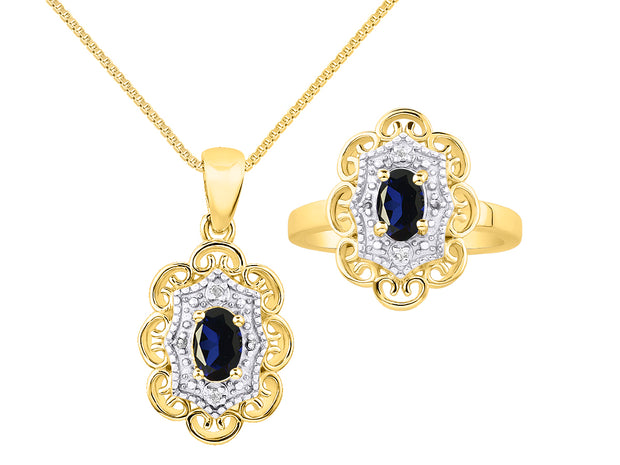 Rylos Matching Set 14K Yellow Gold Floral Pattern Halo Pendant Necklace & Ring. Gemstone & Diamonds, 18" Chain. 6X4MM Birthstone; Sizes 5-10