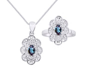 Rylos Matching Set 14K White Gold Floral Pattern Halo Pendant Necklace & Ring. Gemstone & Diamonds, 18" Chain. 6X4MM Birthstone; Sizes 5-10.