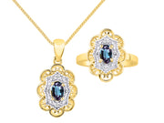 Rylos Matching Set 14K Yellow Gold Floral Pattern Halo Pendant Necklace & Ring. Gemstone & Diamonds, 18" Chain. 6X4MM Birthstone; Sizes 5-10