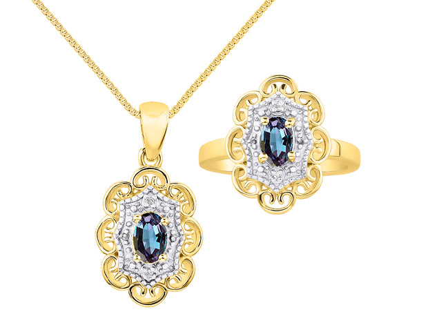 Rylos Matching Set 14K Yellow Gold Floral Pattern Halo Pendant Necklace & Ring. Gemstone & Diamonds, 18" Chain. 6X4MM Birthstone; Sizes 5-10