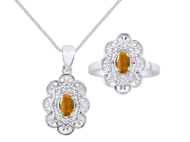 Rylos Matching Set 14K White Gold Floral Pattern Halo Pendant Necklace & Ring. Gemstone & Diamonds, 18" Chain. 6X4MM Birthstone; Sizes 5-10.