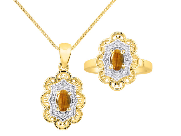 Rylos Matching Set 14K Yellow Gold Floral Pattern Halo Pendant Necklace & Ring. Gemstone & Diamonds, 18" Chain. 6X4MM Birthstone; Sizes 5-10