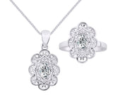 Rylos Matching Set 14K White Gold Floral Pattern Halo Pendant Necklace & Ring. Gemstone & Diamonds, 18" Chain. 6X4MM Birthstone; Sizes 5-10.