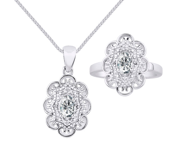 Rylos Matching Set 14K White Gold Floral Pattern Halo Pendant Necklace & Ring. Gemstone & Diamonds, 18" Chain. 6X4MM Birthstone; Sizes 5-10.