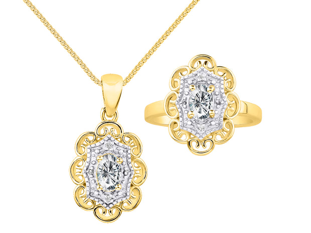 Rylos Matching Set 14K Yellow Gold Floral Pattern Halo Pendant Necklace & Ring. Gemstone & Diamonds, 18" Chain. 6X4MM Birthstone; Sizes 5-10