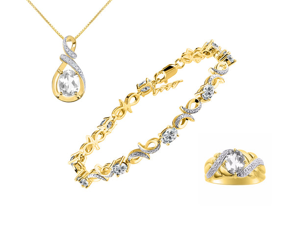 Rylos Matching Jewelry Yellow Gold Plated Silver Love Knot Set: Tennis Bracelet, Ring & Necklace. Gemstone & Diamonds, 7"-8" Wrist & 18" Chain, 9X7MM & 6X4MM Birthstone; Sizes 5-10