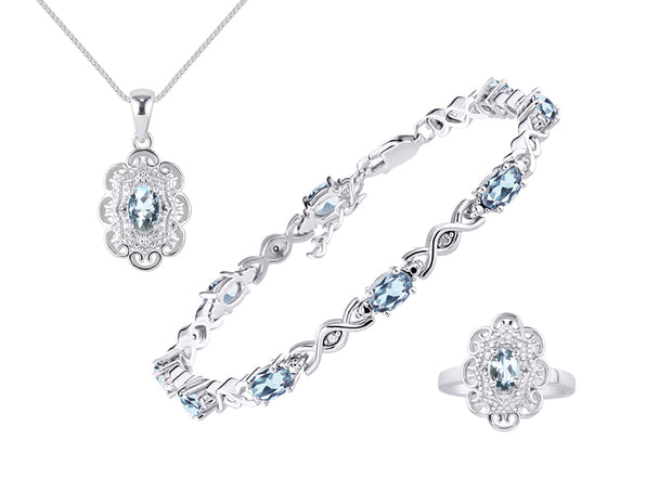 Rylos Matching Jewelry Hugs & Kisses Infinity Set: Sterling Silver Tennis Bracelet, Ring & Necklace. Gemstone & Diamonds, 7-8" Wrist & 18" Chain. 6X4MM Birthstone; Sizes 5-10