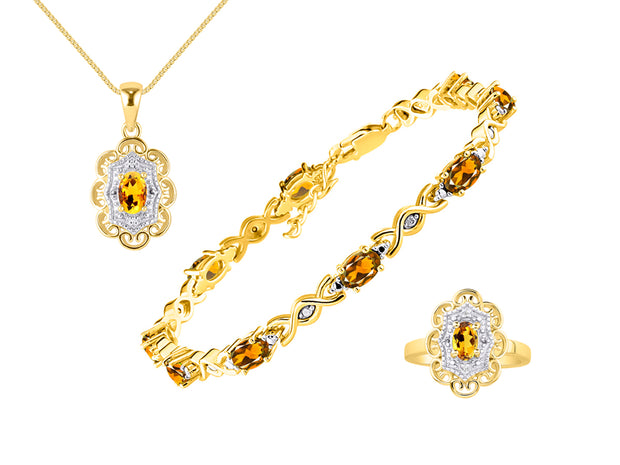 Rylos Matching Jewelry Hugs & Kisses Infinity Set: Yellow Gold Plated Silver Tennis Bracelet, Ring & Necklace. Gemstone & Diamonds, 7-8" Wrist & 18" Chain. 6X4MM Birthstone; Sizes 5-10