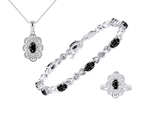 Rylos Matching Jewelry Hugs & Kisses Infinity Set: Sterling Silver Tennis Bracelet, Ring & Necklace. Gemstone & Diamonds, 7-8" Wrist & 18" Chain. 6X4MM Birthstone; Sizes 5-10