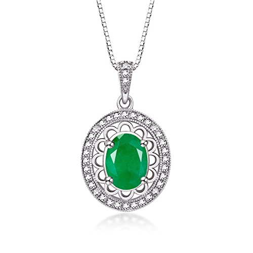 Rylos Sterling Silver Halo Designer Necklace: Gemstone & Diamond Pendant, 18" Chain, 8X6MM Birthstone, Women's Elegant Jewelry